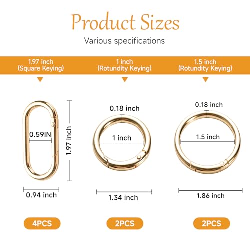 8Pcs Gold Carabiner Clip,Metal Oval Carabiner Gold,Purse Clip & Alloy Round O Ring Clip for Keys, Bag, Buckle,Handbag, Crafts,Purse Strap Extender for Bags