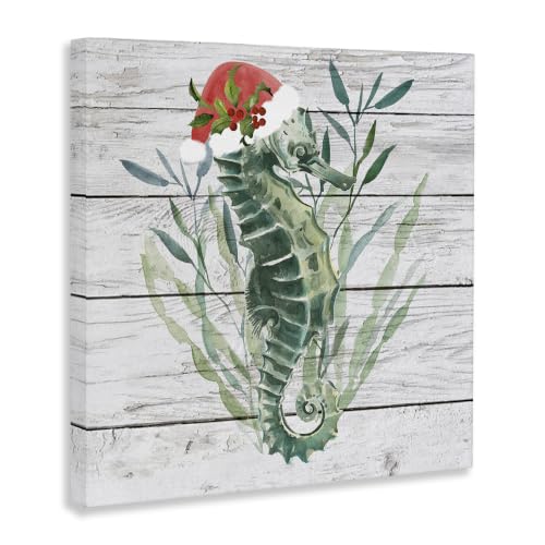 Christmas Seahorse Santa Hat Wall Art - Coastal Holiday Canvas 30x30 Inch Variation of Coastal