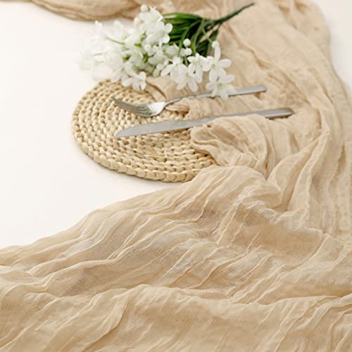 Beige Boho Cheesecloth Table Runner 13.3ft, Rustic & Elegant Dining Decor