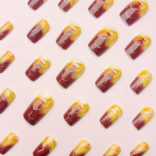 Ombre Brown Medium Square Press on Nails Glossy False Acrylic Nail Kit