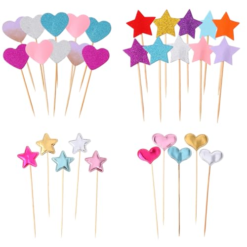 Sibba 40Pcs Glitter Star & Heart Cupcake Toppers Set