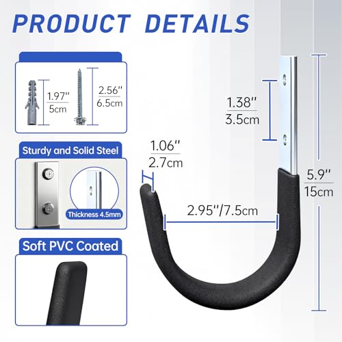 Heavy Duty Steel Wall Hooks for Garage & Garden Storage - 60lbs Capacity (2 Pack)