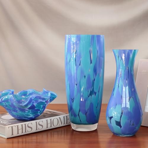 Murano Style Hand Blown Glass Vase with Confetti Effect - Blue, 12.6 Inch Home Decor