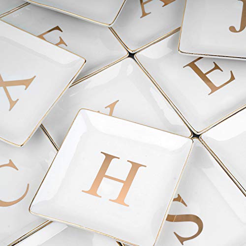 ANOTION Ceramic Jewelry Tray Ring Dish with Gold Initial Personalized Gift