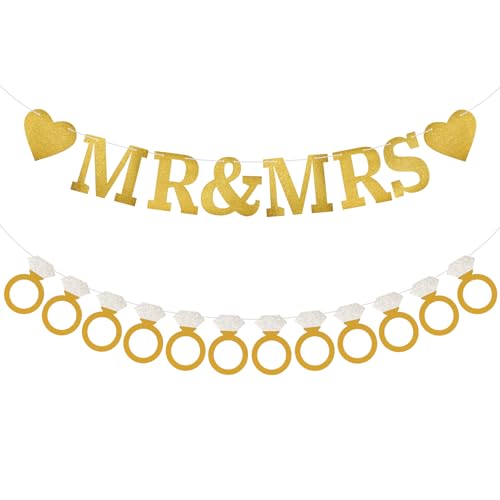 Gold Glitter MR & MRS Ring Banner Set for Weddings & Bridal Showers