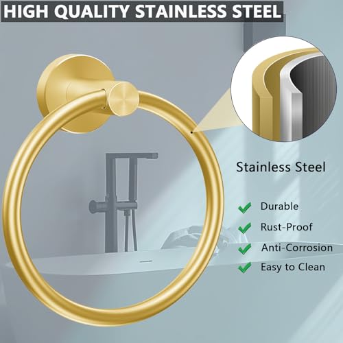 WOOPHEN 7-Inch Gold Stainless Steel Hand Towel Ring - Modern Wall-Mounted Towel Holder for Bathroom & Kitchen
