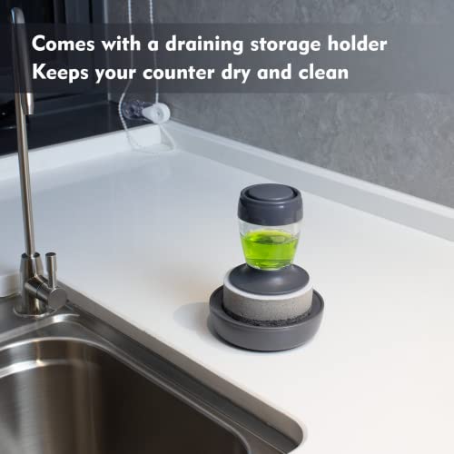 DAPOWER Soap Dispensing Dish Brush with Holder - Grey Handle & Sponge