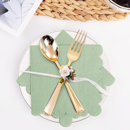 100 Pcs Sage Green Scalloped Cocktail Napkins - 5x5 Inches Disposable for Parties