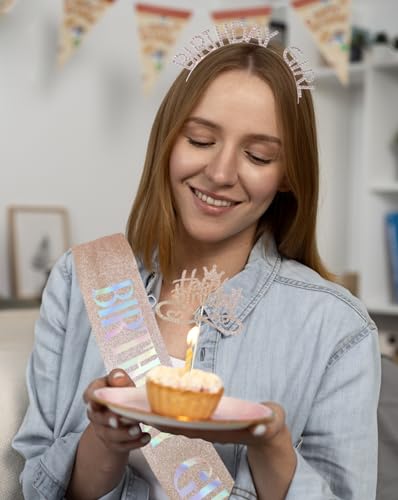 Birthday Girl Sash and Rhinestone Headband Set with Cake Topper Rose Gold