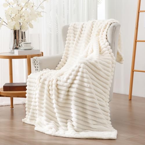 Vessia Cream Striped Flannel Fleece Throw Blanket 50x70 inch