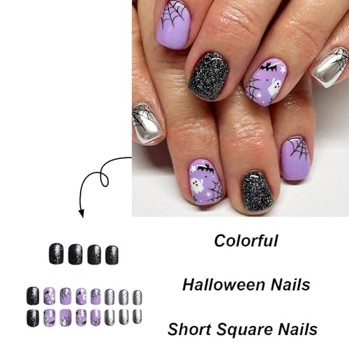 Purple Halloween Press on Nails 3D Bat Ghost Spider Web Glossy Short