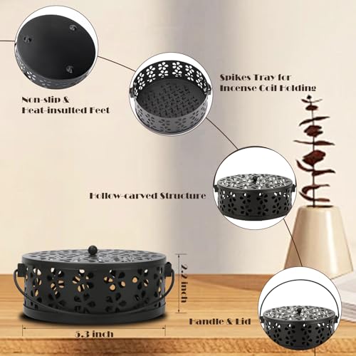 Mosquito Coil Holder with Lid, Black Metal Incense Holder for Indoor & Outdoor Use
