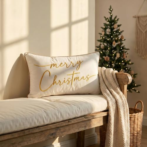 ONWAY Merry Christmas Embroidered Pillow Cover 12x20 White Gold Holiday Decor