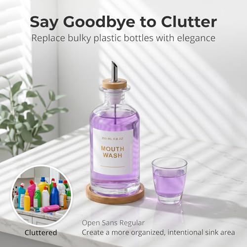 Glass Mouthwash Dispenser Set with Bamboo Tray & Cup - 11.8 oz
