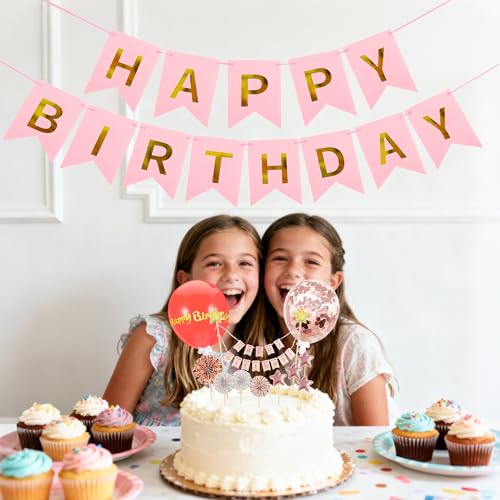 13-Piece Pink Happy Birthday Cake Topper Set with Stars and Balloons