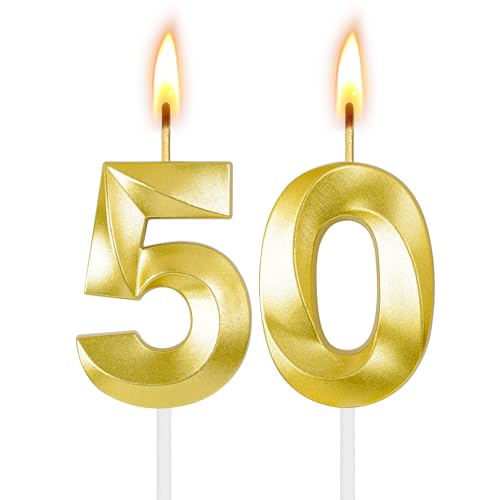 Gold Number 50 Candle for 50th Birthday Cake Topper