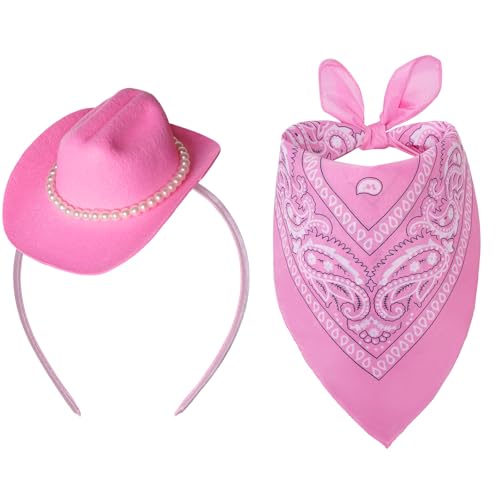 Pink Mini Cowgirl Hat Headband with Bandana Western Costume Set