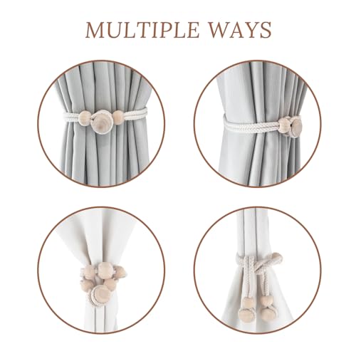 Magnetic Wooden Curtain Tiebacks 2-Pack - Adjustable Rustic Bead Holdbacks