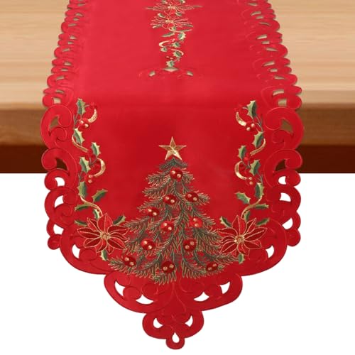 Embroidered Christmas Tree Table Runner - Extra Long 120x15 Inches