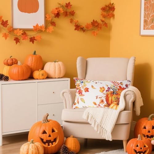 Fall Pumpkin Maple Leaf Lumbar Pillow Cover 12x20 Inch Thanksgiving
