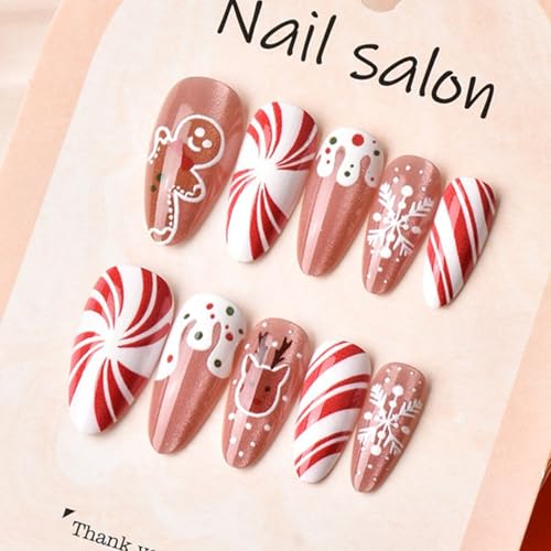 Christmas Press on Nails Medium Almond Fake Nails with Elk and Snowflake