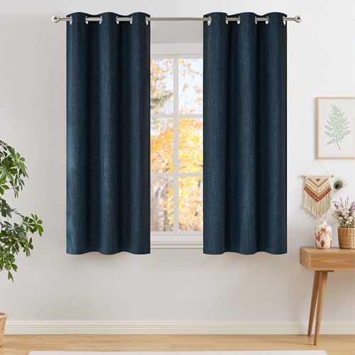 NICETOWN Navy Blue Faux Linen Blackout Curtains - 63" Grommet Panels for Privacy