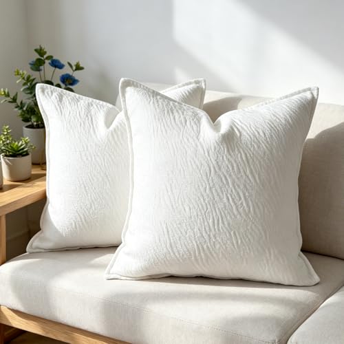 OYIMUA 16x16 White Chenille Throw Pillow Covers Set of 2 - Neutral Decorative Couch Pillows