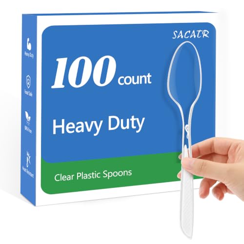 SACATR 100 Count Heavy Duty Clear Plastic Spoons - Disposable Cutlery