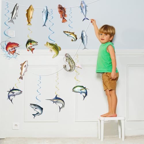 Fishing Themed Birthday Party Decoration Set - Banners and Hanging Swirls