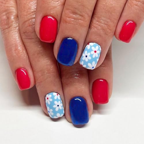 ZIFANHU Short Square Press On Nails Glossy Red Blue Floral Fake Nails