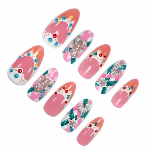 HOSAILY Pink Christmas Press on Nails Short Almond False Nails 30Pcs