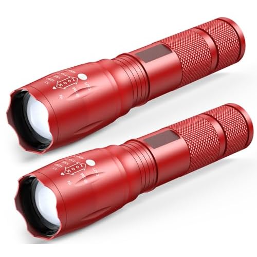 1 Mode Flashlights 2 Pack, Super Bright Zoomable LED Tactical Flashlight High Lumens, Water Resistant Portable Pocket Flash Light for Emergency, Camping, Home, and Gift - Red