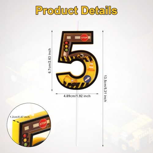 Construction Birthday Candle - Yellow & Black Striped Number 5 Cake Topper