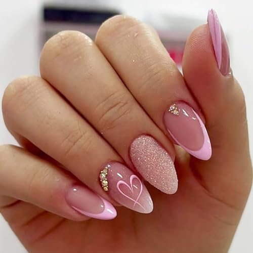 Valentines French Tip Press on Nails Short Almond Pink Heart Fake Nails