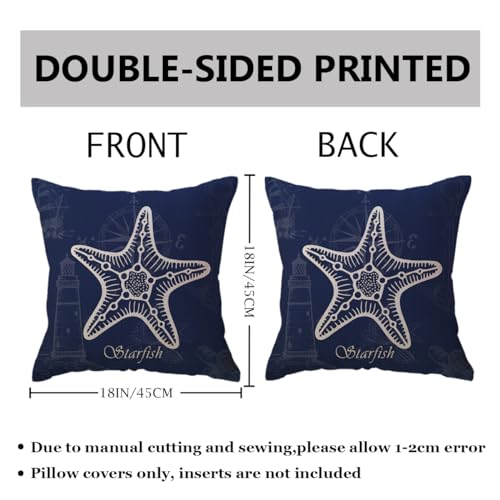 Coastal Decorative Pillow Covers 18x18, Blue Nautical Seahorse Starfish - 2 Pack