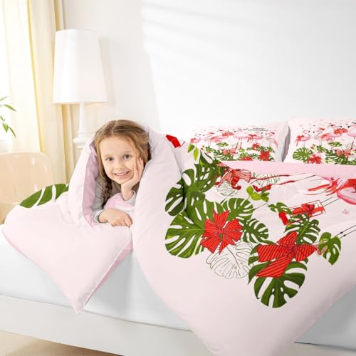 King Comforter Set Pink Flamingo Cartoon Bird All Season Bedding with Microfiber Polyester
