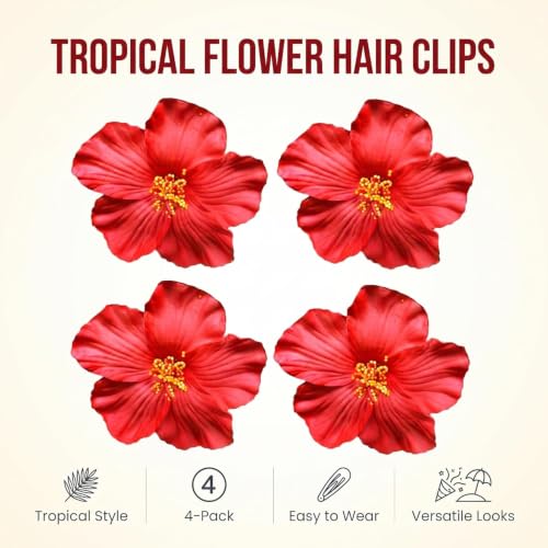 Sluswallow Red Hawaiian Flower Hair Clips 4-Pack - 8cm Plumeria Hair Accessories for Beach Wedding and Summer Party