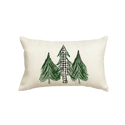 Watercolor Christmas Tree Throw Pillow Cover - 12x20 Inch Buffalo Plaid
