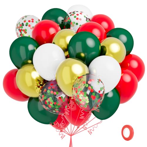 Red Green White Gold Balloons Set - 60 pcs Latex Christmas Party Decorations with Confetti