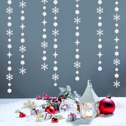 Snowflake Snow White Silver Christmas Party Decorations Streamers - 52Ft Winter Wonderland Garland - Glitter Silver Variation