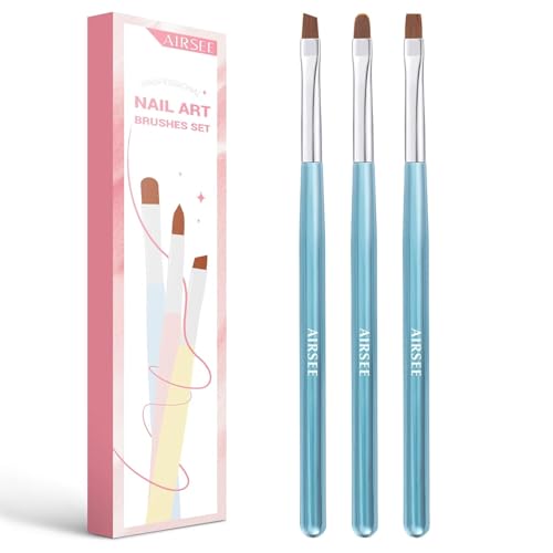 AIRSEE Nail Art Clean Up Brushes - 3 PCS Flat, Oval & Angled Blue Gel Polish Detail Brushes