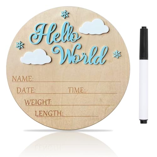 Wooden Baby Announcement Sign - Hello World Birth Board, 5.91x5.12 Inch