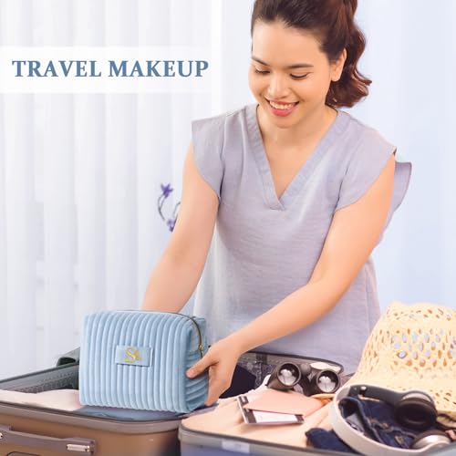 COSHAYSOO Velvet Travel Makeup Bag Initial Cosmetic Pouch Blue Letter V