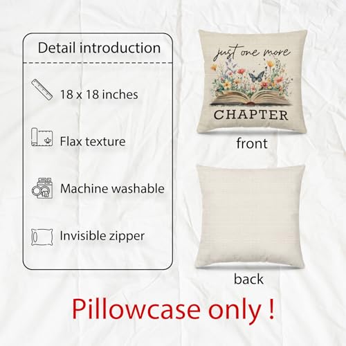 Just One More Chapter Pillow Cover, 18x18 Bookish Floral Throw Case