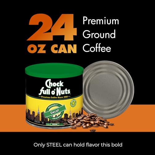 Chock Full o' Nuts Heavenly Original Decaf Ground Coffee, 24 oz - Medium Roast, Rich Flavor in Recyclable Steel Can