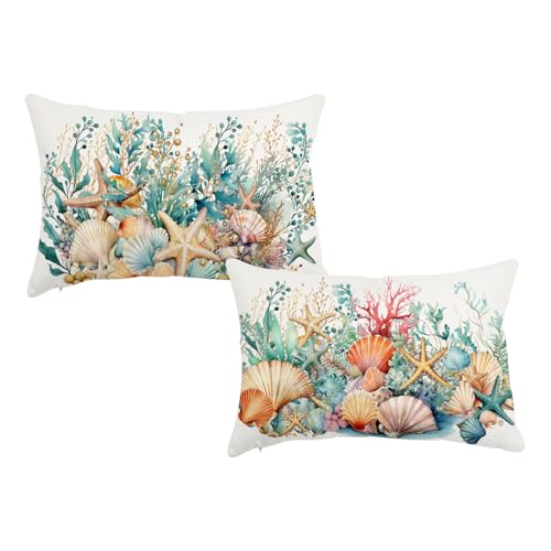 Coastal Lumbar Pillow Covers 12x20 Inch Set of 2, Beach Nautical Cushion Cases