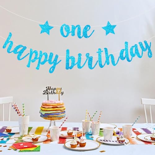 Blue Glitter 1st Birthday Banner for Baby Boy Party Decorations