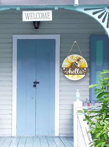 Hello Bee Sunflower Welcome Hanging Sign for Front Door 10 Inch