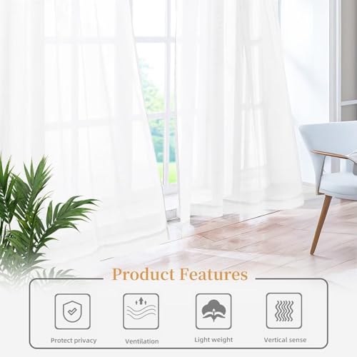 White Sheer Curtain Panels 38" W x 45" L - Rod Pocket Design