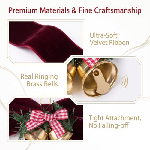 Burgundy Velvet Ribbon Bow Christmas Tree Ornaments with Brass Bells - 2 Pcs